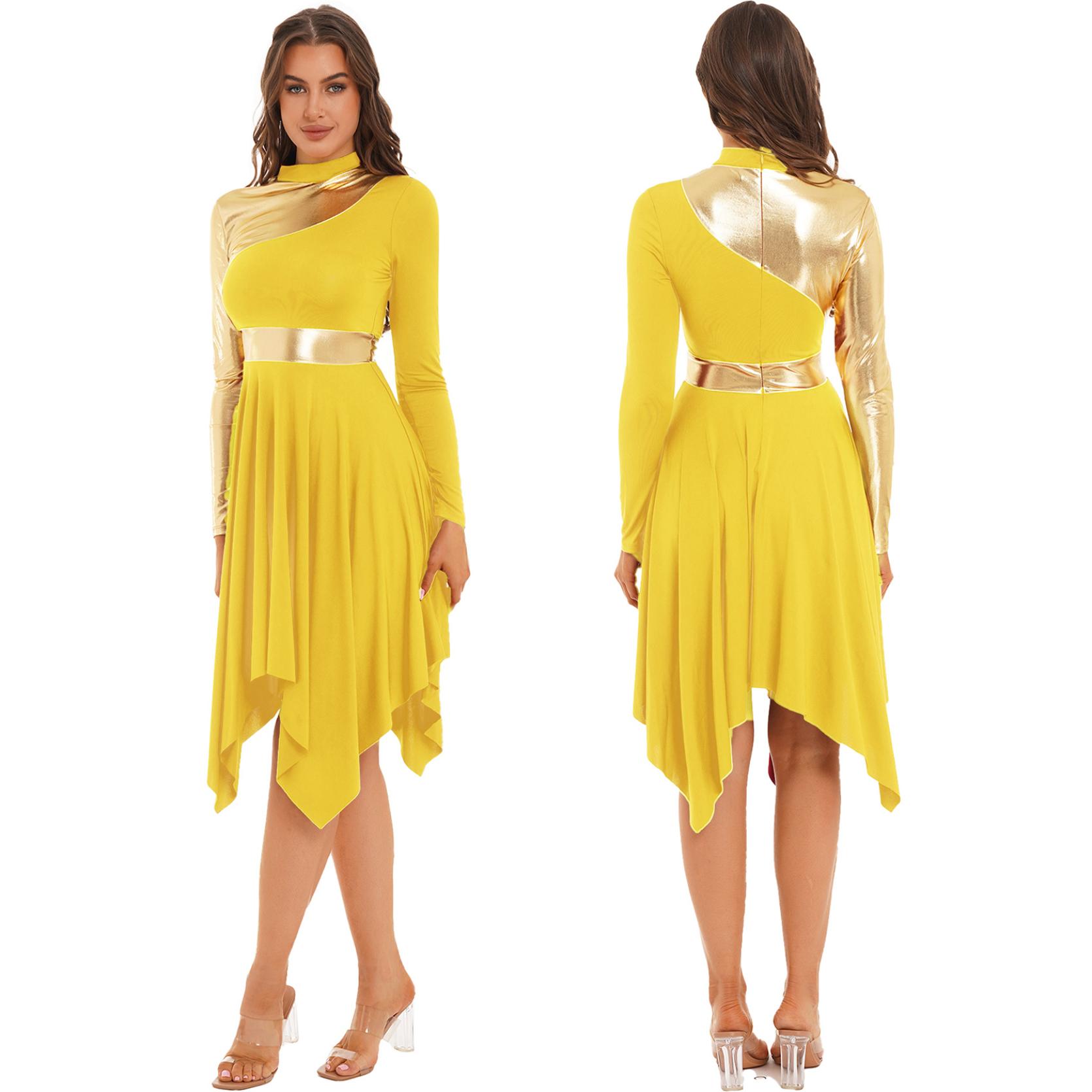 Damen-Tanz-Performance-Kostüm, Kontrastfarbenes Patchwork-Kleid, langärmelige Kleider mit asymmetrischem Saum S gelb