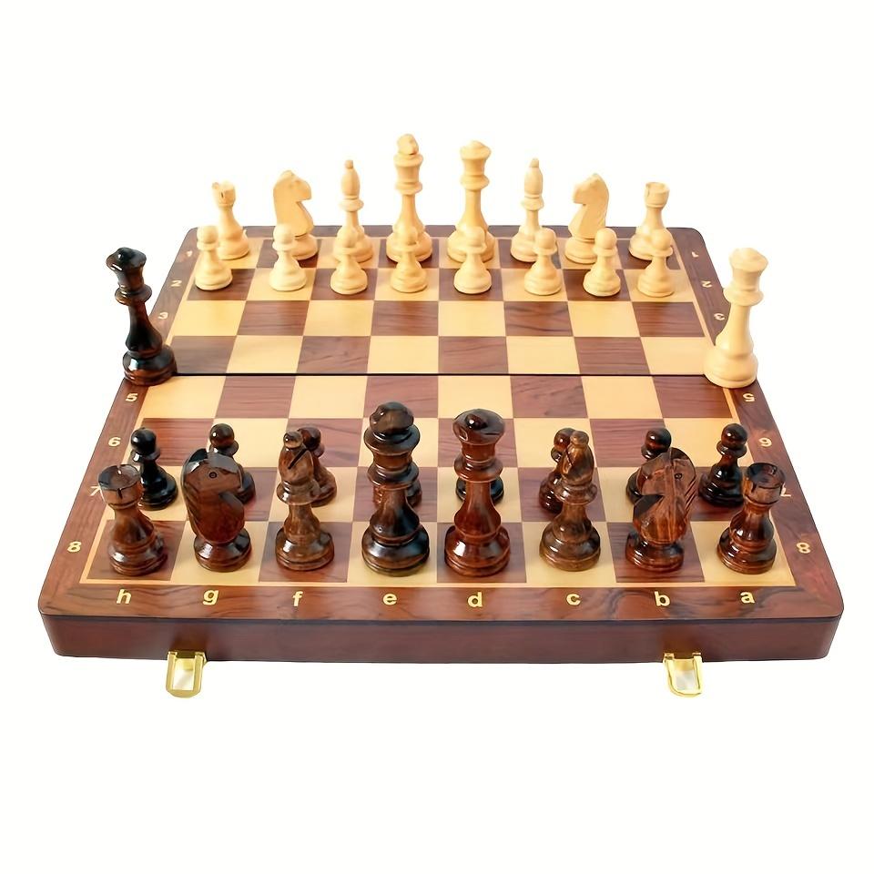 Großes, hochwertiges Schach-Klappset aus Massivholz, Schachfiguren aus Massivholz, Schachbrett aus Walnussholz, Aufbewahrungsbox im Inneren 24*24cm beige