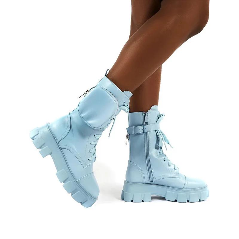 2024 Damen Stiefeletten mit Taschen, Schnürung, Damenstiefeletten mit Schnalle, schwarze klobige Tasche, Stiefeletten für Damen mit Plateau 38 blau