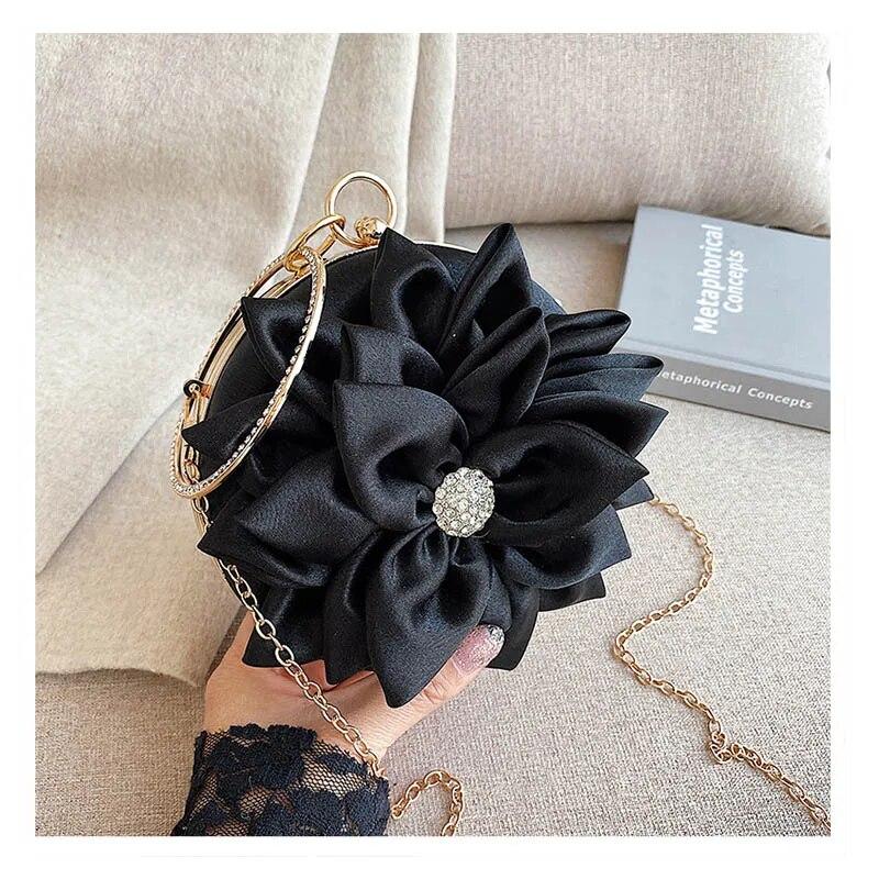 Rote Blume Clutch Geldbörse Damen Runde Abendtasche Kristall Diamant Hochzeit Seide Handtasche Exquisite Kette Umhängetaschen schwarz