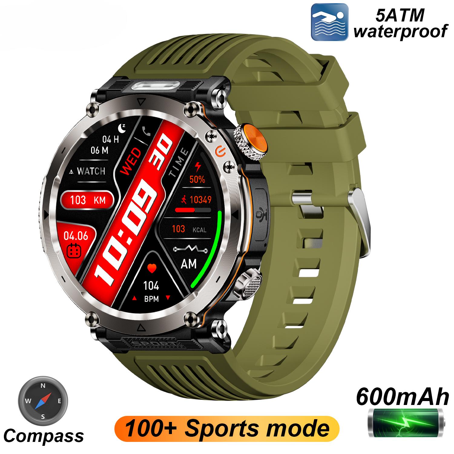 2025 Neue 5ATM Outdoor Smartwatch Herren 600mAh LED Taschenlampe Smartwatch Kompass Bluetooth Anruf Herzfrequenz IP 68 Sport Smartwatch Green-Silicone black