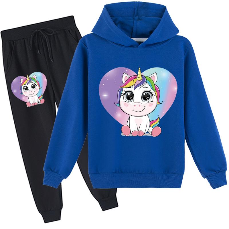 Modisches Einhorn-Kleidungsset für Kinder, Kapuzenpullover + Hose, zweiteiliges Set, Kapuzenpullover, Anzüge für Jungen und Mädchen 100 ultramarin blau