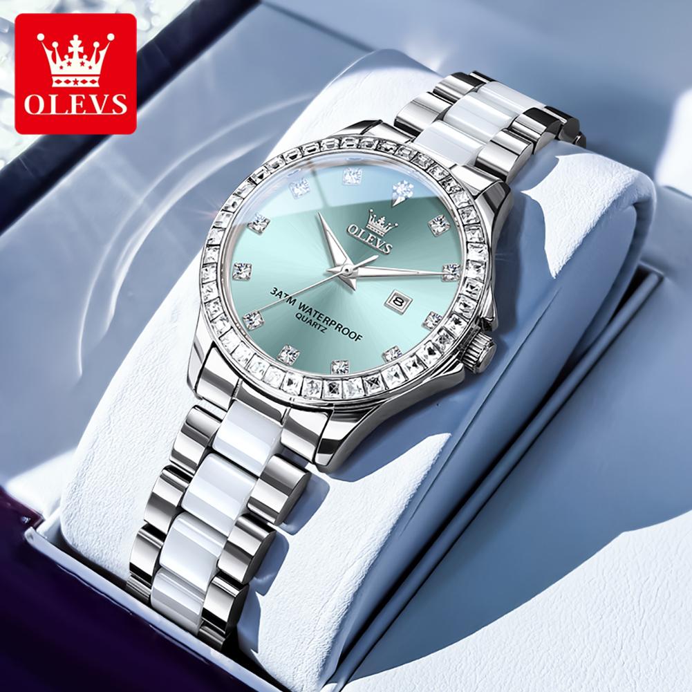 OLEVS Damen Uhr Luxus Elegant Mode Strasslünette Keramikarmband Armbanduhr Wasserdicht Datumsanzeige Uhren blau/silber
