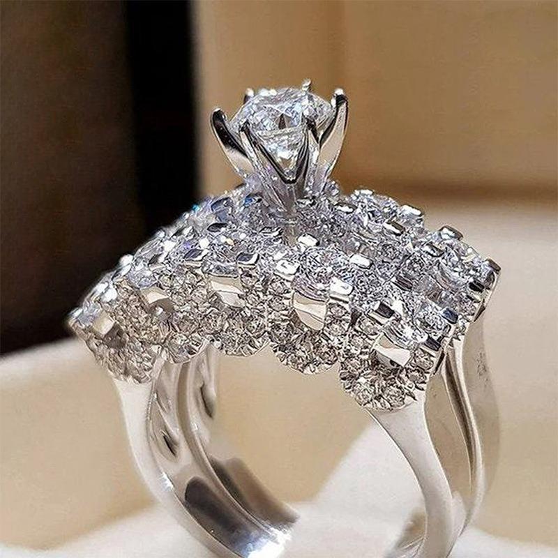 2 Stück/Set Luxus Kristall Zirkon Eheringe Für Frauen Charme Kupferfarbe Glänzend Verlobungsringe Set Schmuck Zubehör Geschenke 12 white