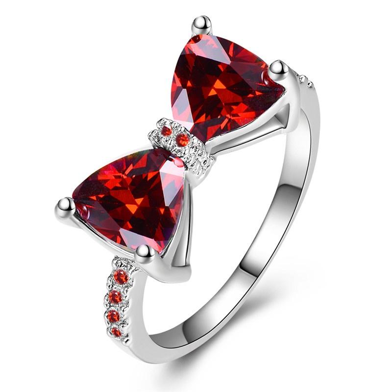 Schicke Ringe mit vier Krallen und Schleife, rotem Zirkon, für Damen, Ring, Modeschmuck, Größe 6–10 8