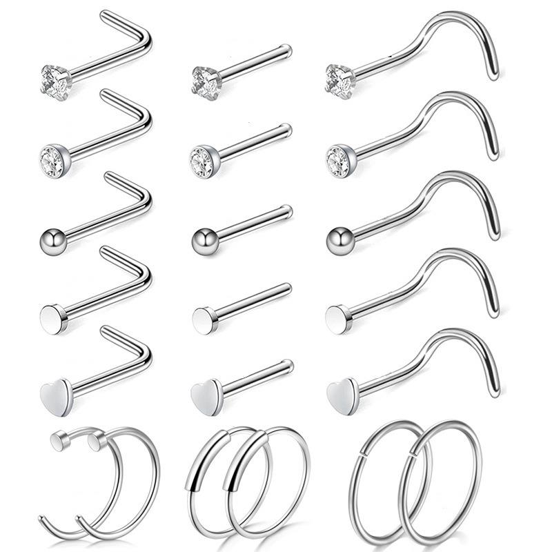 5-teiliges/21-teiliges Set Nasenpiercing-Ring, Nasennägel, Piercing, Kristall, Nasenstecker, Packung mit 20 g, L-Form, Nasenringe-Set, Herz, Nasenloch, Cruve, L-Form 21Pcs silber