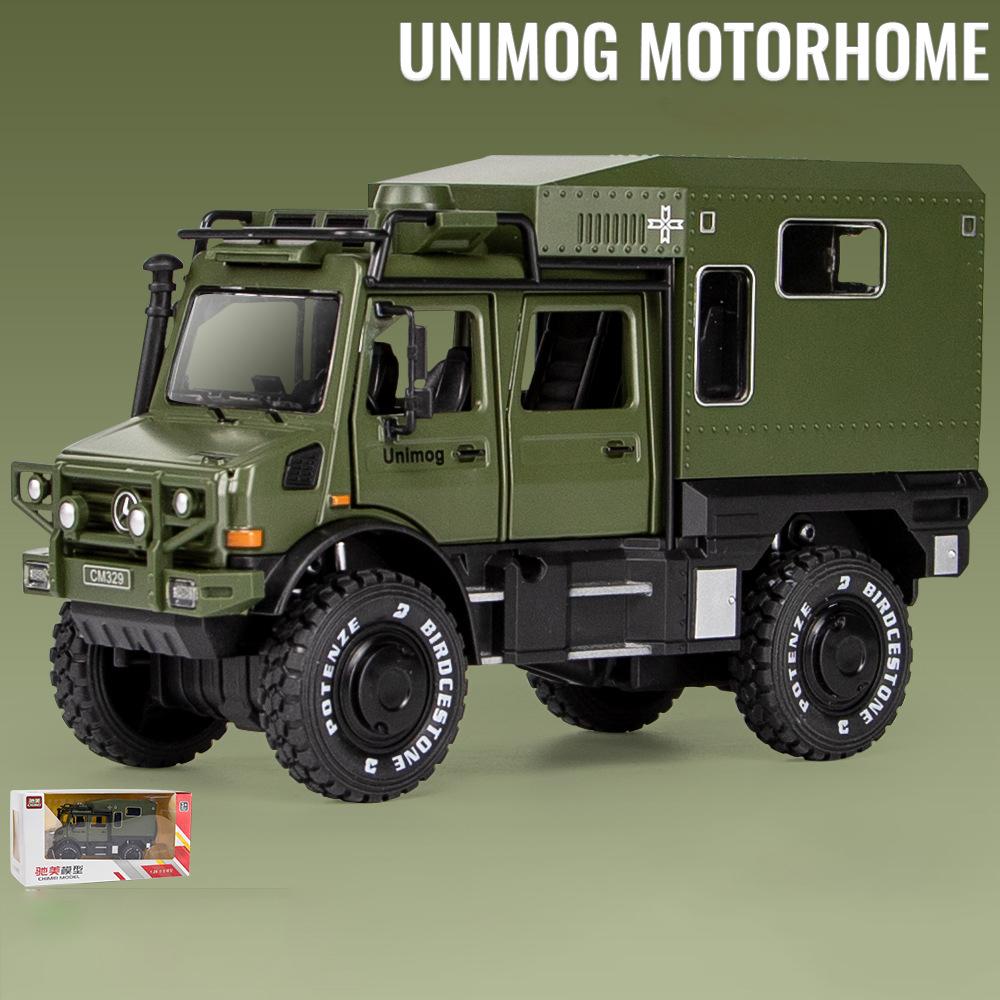 1:Benz Unimog-Automodell im Maßstab 28, Druckguss-Pull-Back-Auto-Spielzeugauto, Türen offen, Licht und Ton, Jungenspielzeug, Kinder-Erwachsene-Geschenke 1/28-18.8x10.5x6.7cm grün