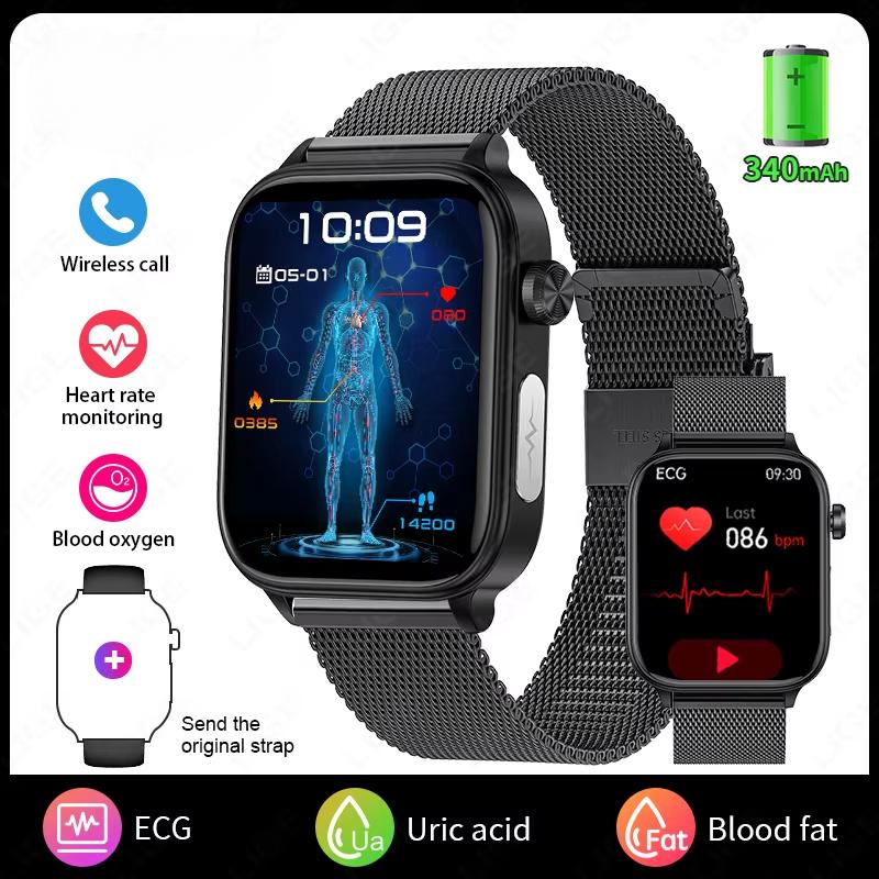 2025 Neue EKG+PPG KI Gesunde Diagnose Smartwatch Männer Frauen Blutfett Harnsäure Weibliche Menstruationsgesundheit Tracker Smartwatch Black-Mesh-Belt