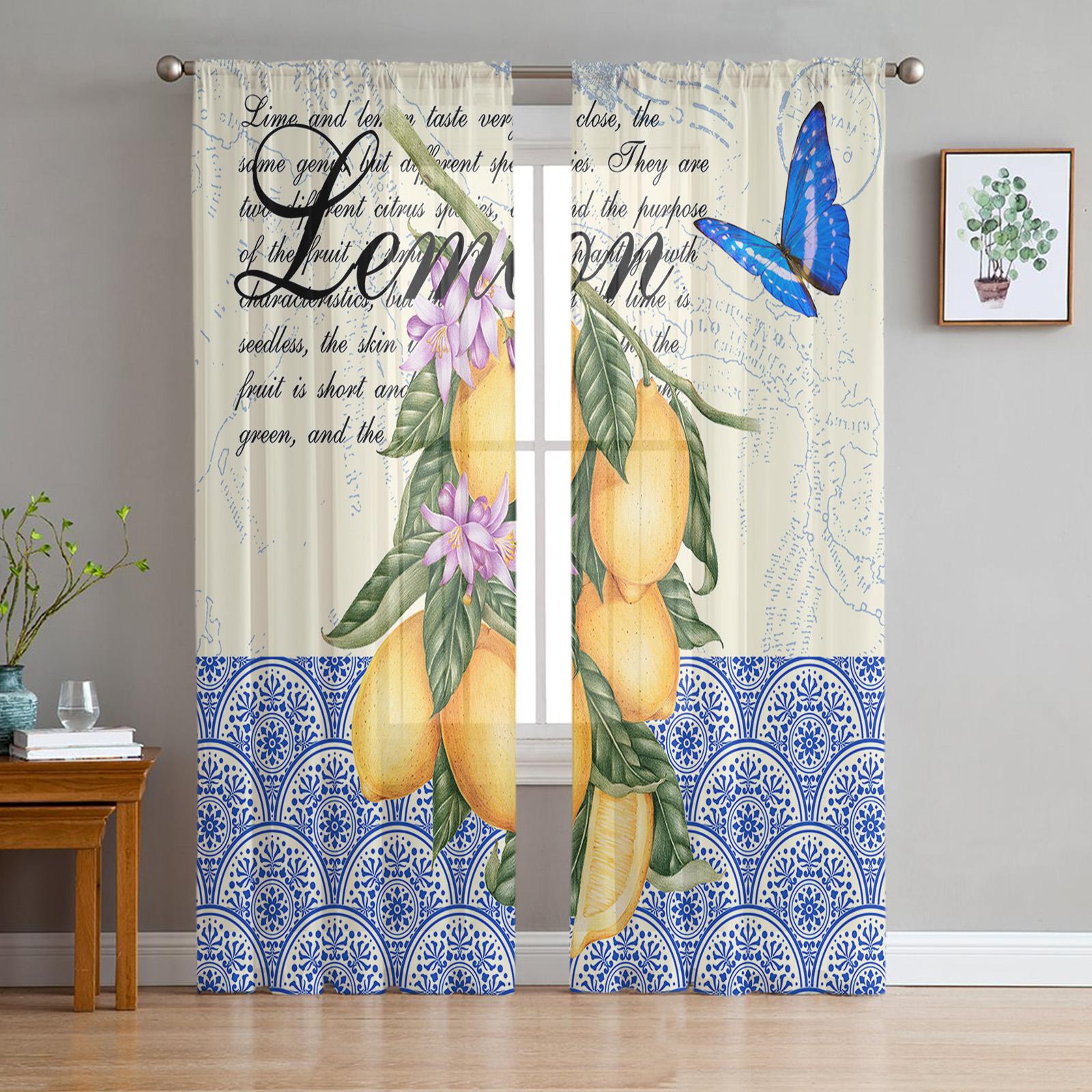 Marokkanische Retro Schmetterling Frucht Zitrone Transparente Gardinen zur Wohnzimmerdekoration Fenstergardinen Küchen Tüll Voile Gardinen W135 x H115cm x1 white