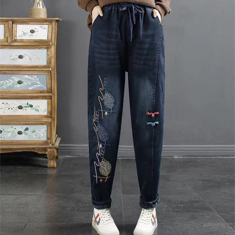 Bestickte Jeans Damenjeans Retro Literarische Samtpolsterung Hohe Taille Warme Lockere Freizeitjeans Herbst Übergröße XXXL