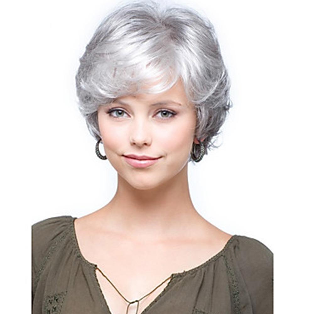Mama-Perücken, natürliches Ombré-Grau, lockiges Bob-Haar, weiches, gesundes, kurzes, synthetisches, natürliches Haar mit seitlichem Pony, hitzebeständige Perücken für den täglichen Gebrauch esche grau