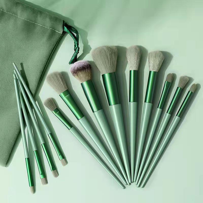 13-teiliges, weiches und flauschiges Pro-Make-up-Pinsel-Set, hochwertiges Kosmetik-Set zum Mischen von Lidschatten für Damen, Stab aus ABS-Kunststoff und sanfte Polyesterborsten grün
