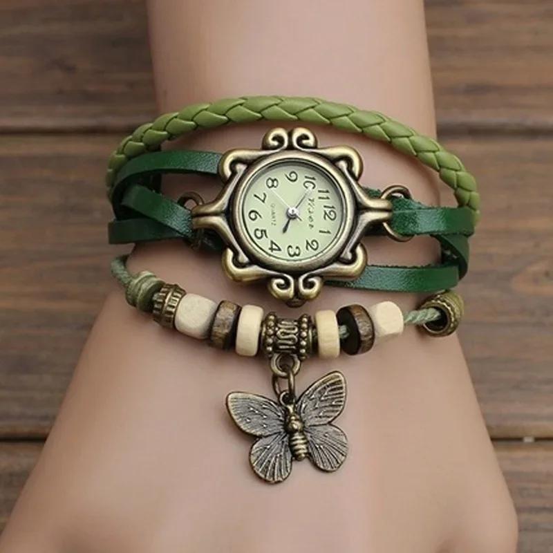 Damen-Armbanduhr aus echtem Leder im Vintage-Stil, mehrschichtig, handgefertigt, Armband, Armbanduhr, verstellbare Länge, Paar-Armband grün