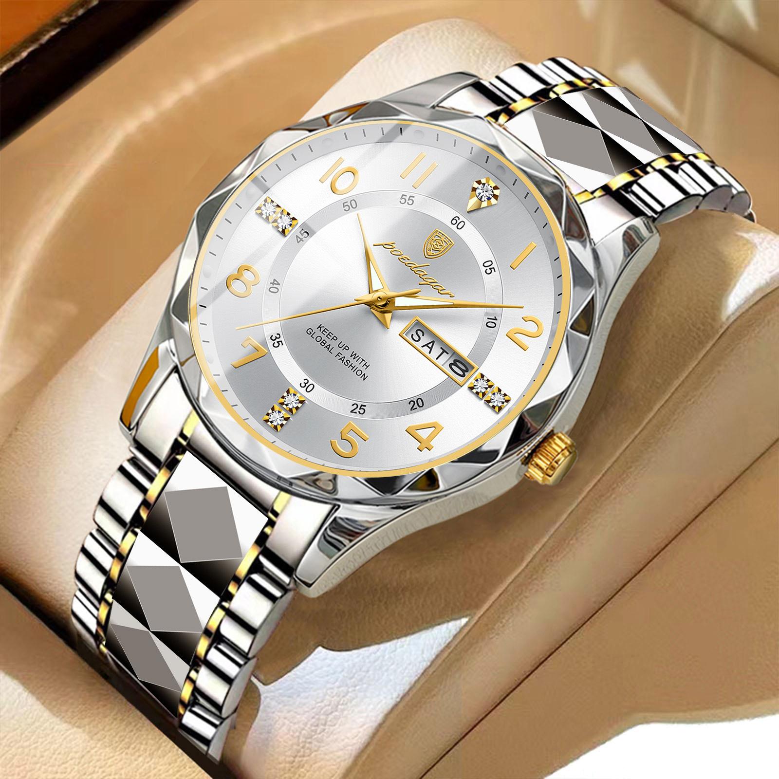 POEDAGAR Luxus Herren Uhren Top Marke Business Mann Armbanduhr Wasserdicht Leuchtende Datum Woche Quarz Herren Uhr weiß/gold