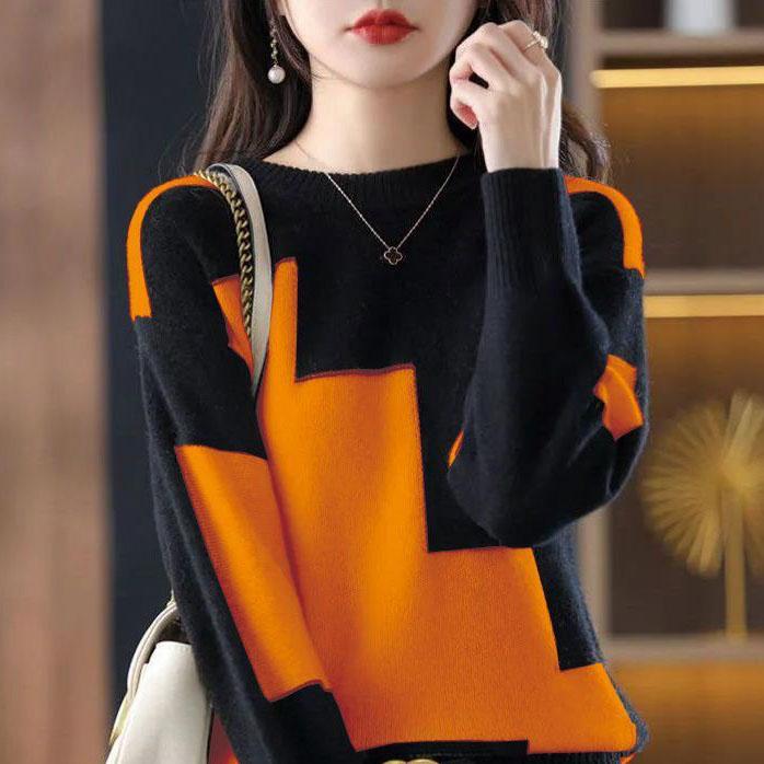 Pullover Damen Herbst Winter Damen Farbblock Strick Warmer Pullover Langarm Thermopullover O-Ausschnitt Beiläufiger lockerer Pullover Damen M