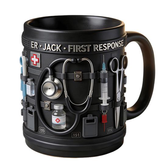 Personalisierte Tasse mit medizinischem Thema ER Jack Ersthelfer 3D Medizinische Werkzeuge Tasse Schwarze Keramik Kaffeetasse für Ärzte Krankenschwestern Praktisches Geschenk Sammlerstück 1pc