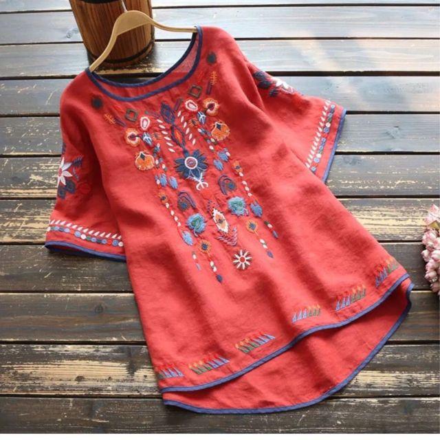 Stickerei Baumwolle Damen Shirt Sommer & Frühling Bluse Tops Kleidung für Damen Kleidung XXXXL rot