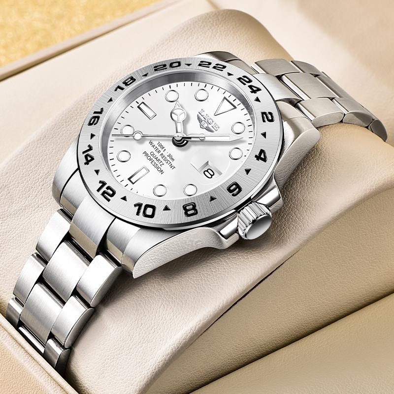 2022 LIGE Neue Uhren Für Männer Sport Quarz Armbanduhren Luxus Edelstahl Uhr mit Leucht Männer Uhr Sport Wasserdichte Uhr silber/weiß