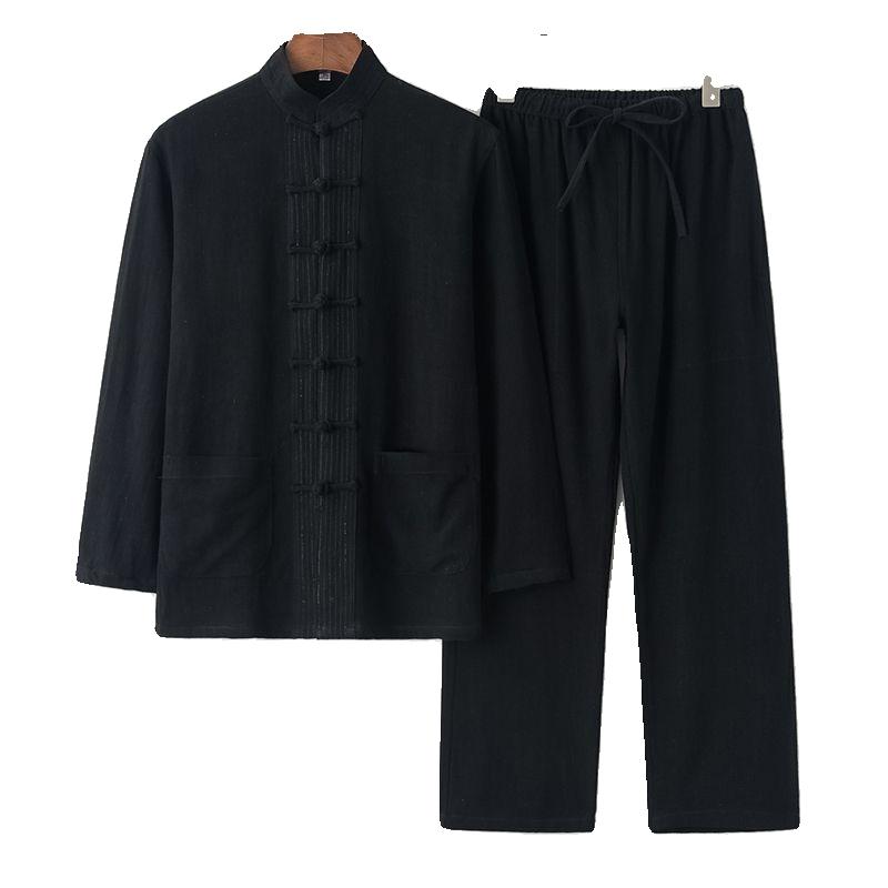 Herren Baumwolle Leinen Tang Anzug Langarm Set Retro Knopfleiste Herrenbekleidung Mittleren Alters und Ältere Locker Tai Chi Anzug 2XL schwarz