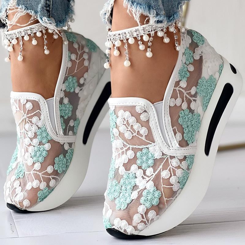 Bestellen Sie eine Größe größer, Plateau-Wedges-Damen-Sneakers, Blumenstickerei-Mesh-Sneakers für Damen, zum Hineinschlüpfen, lässige, bequeme Schuhe mit Absatz für Damen 38 grün
