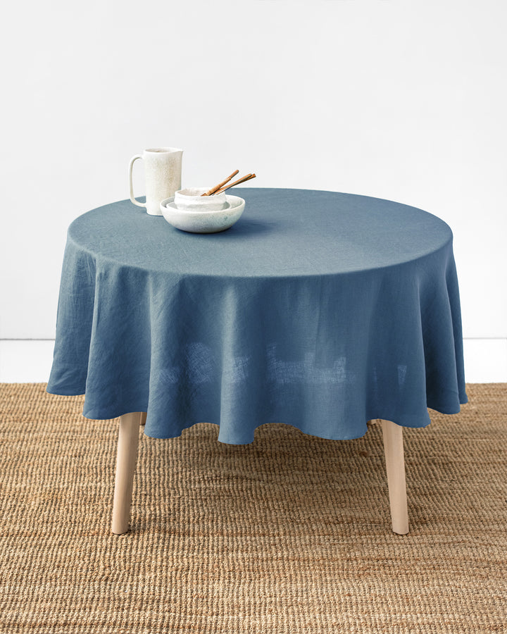 100% Reines Leinen Einfarbig Runde Tischdecke, Tischdecke aus Naturstoff, Für Küche Esszimmer Party Feiertag Tischdekoration Diameter 110cm see-blaue