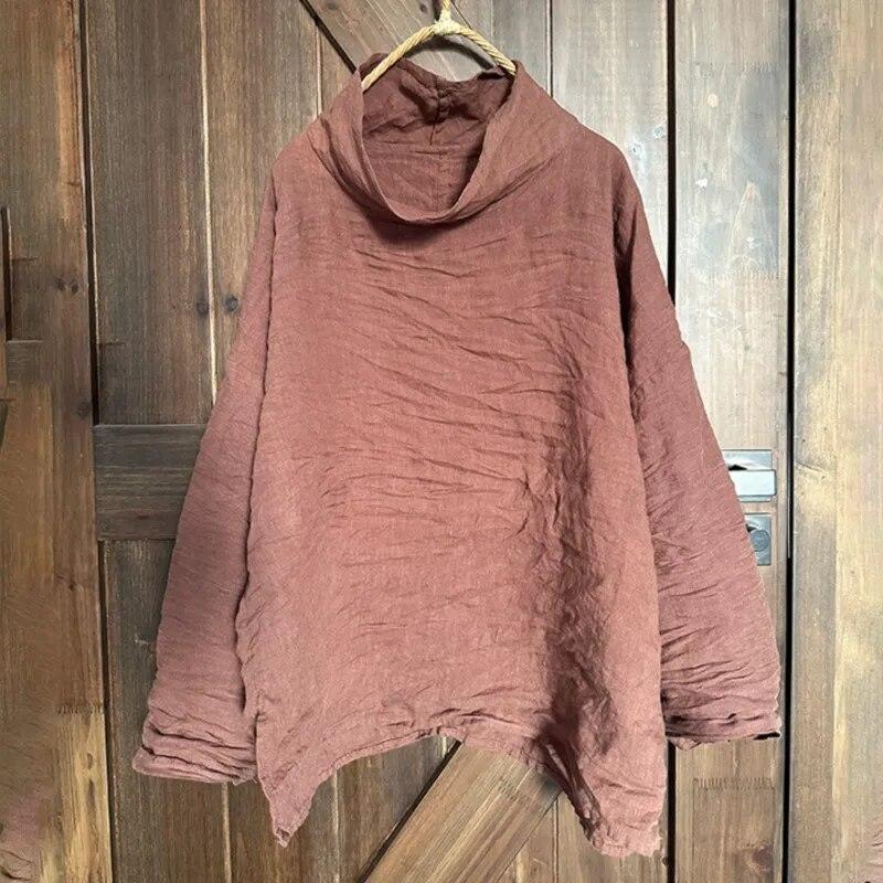 Johnature Damen Frühling Vintage T-Shirts Einfarbig Lässige T-Shirts Langarm Lose Halbhoher Kragen Damen T-Shirts L licht kaffee