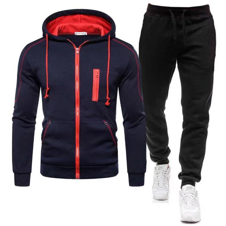 Herren 2024 Einfarbiges Reißverschluss-Hoodie- und Jogginghosen-Set - Digitale Freizeitsportbekleidung XXL dunkelblau