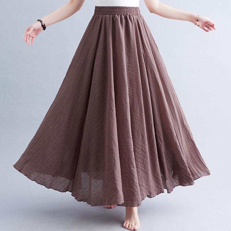 Sommer Herbst Damen Rock Literarisch Große Baumwolle Leinen Halbrock Elastische Taille Leinen A-Linie Rock Langer Abschnitt Reine Farbe Wind Swing Rock L tief rosa