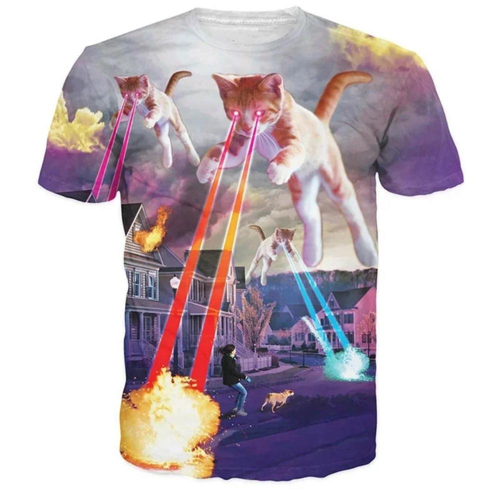 Kinderbekleidung Kuschelige Katze Grafik 3D-Druck Mode Lässig Streetstyle Sommer Kurzarm Tops O-Ausschnitt Kinder-T-Shirt 150