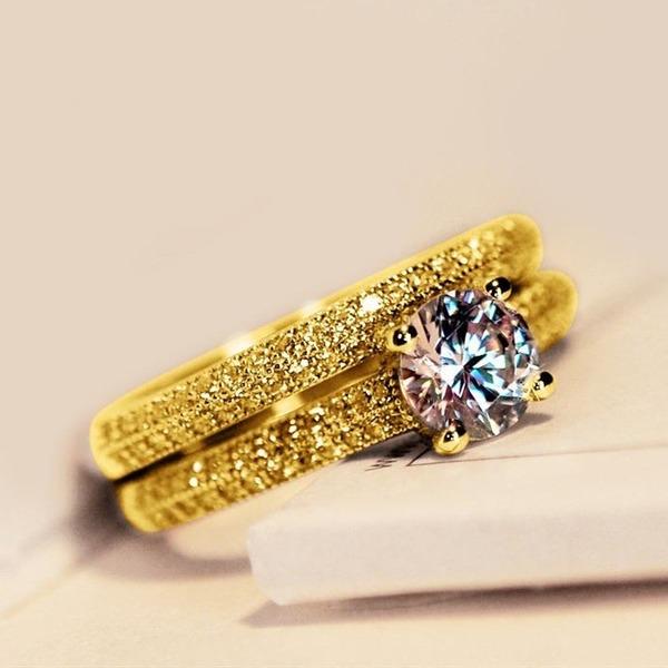 Damen-Set, Ring gefüllt, rund, Zirkon, zarter Ring, Hochzeit, Verlobung, Brautschmuck 8 gold