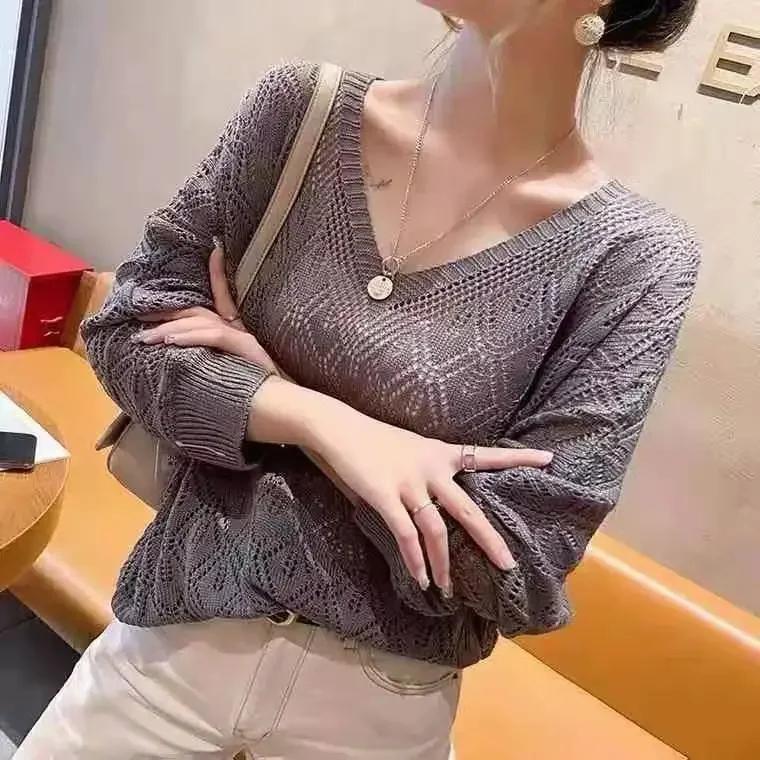 Damen Pullover Mode V-Ausschnitt Häkeln Lochstrick Pullover Herbst Dünn Locker Fledermausärmel Kurzer Abschnitt Damen Oberteile Koreanischer Pullover 3XL grau