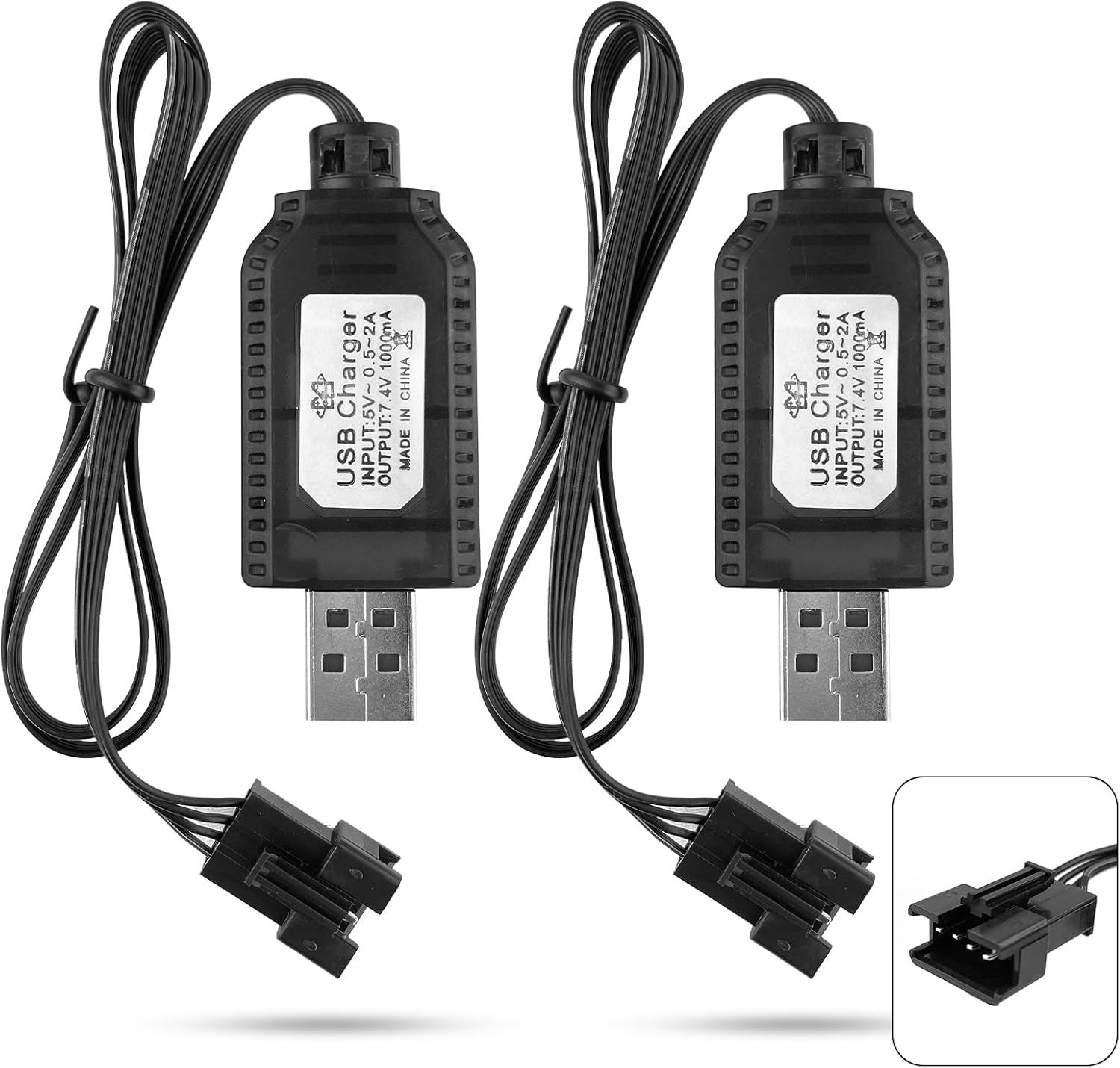 2x Universelles USB-Ladegerät für 7,4V 2S LiPo-Akkus – 4PIN SM-4P – Kompatibel mit RC-Auto, Drohne, Boot – Überladeschutz – Ladeanzeige schwarz