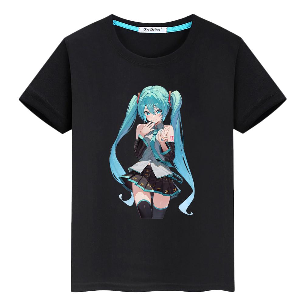 T-Shirt für Kinder Jungen 10 Jahre Hatsune Miku Druck Kawaii 100% Baumwolle Anime Kurz Stolz T-Shirt Y2K Kleinkind Mädchen Kleidung Kinderkleidung 120 schwarz