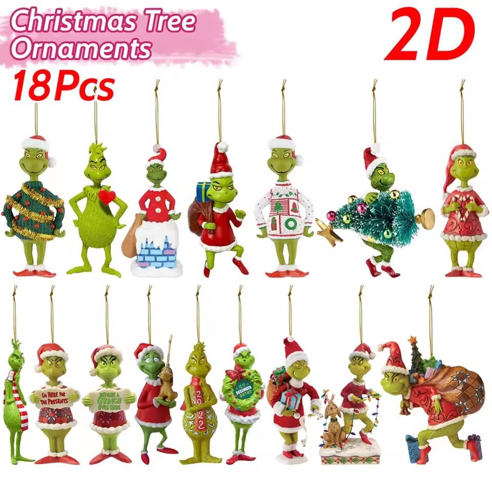 18 Stück 2D Acryl Weihnachtsbaum Grüne Monster Ornamente Niedliche Grüne Monster Weihnachtsbaum Anhänger Weihnachten Cartoon Ornamente beige