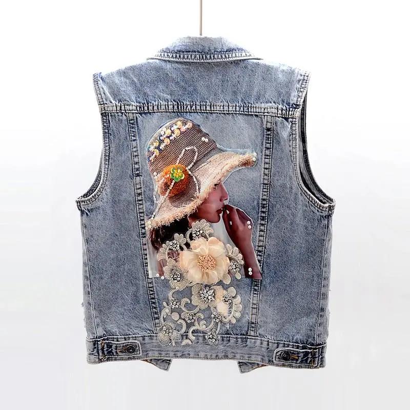 Frühlings Damen Personalisierte Perlen-Print Kurze Lockere Jeansjacke Weste Übergröße M blau