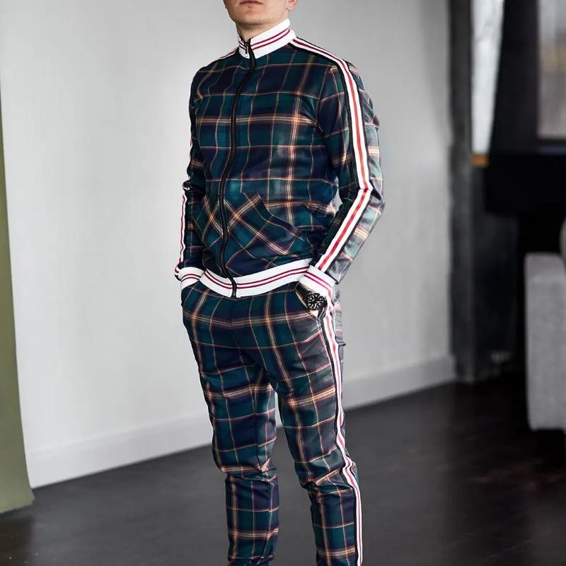 Mode Lässig männer Trainingsanzug Sportswear Zwei Stück Outfits Herren Anzüge Plaid Zipper Sets Marke Jacke Männliche Kleidung Frühling M gray