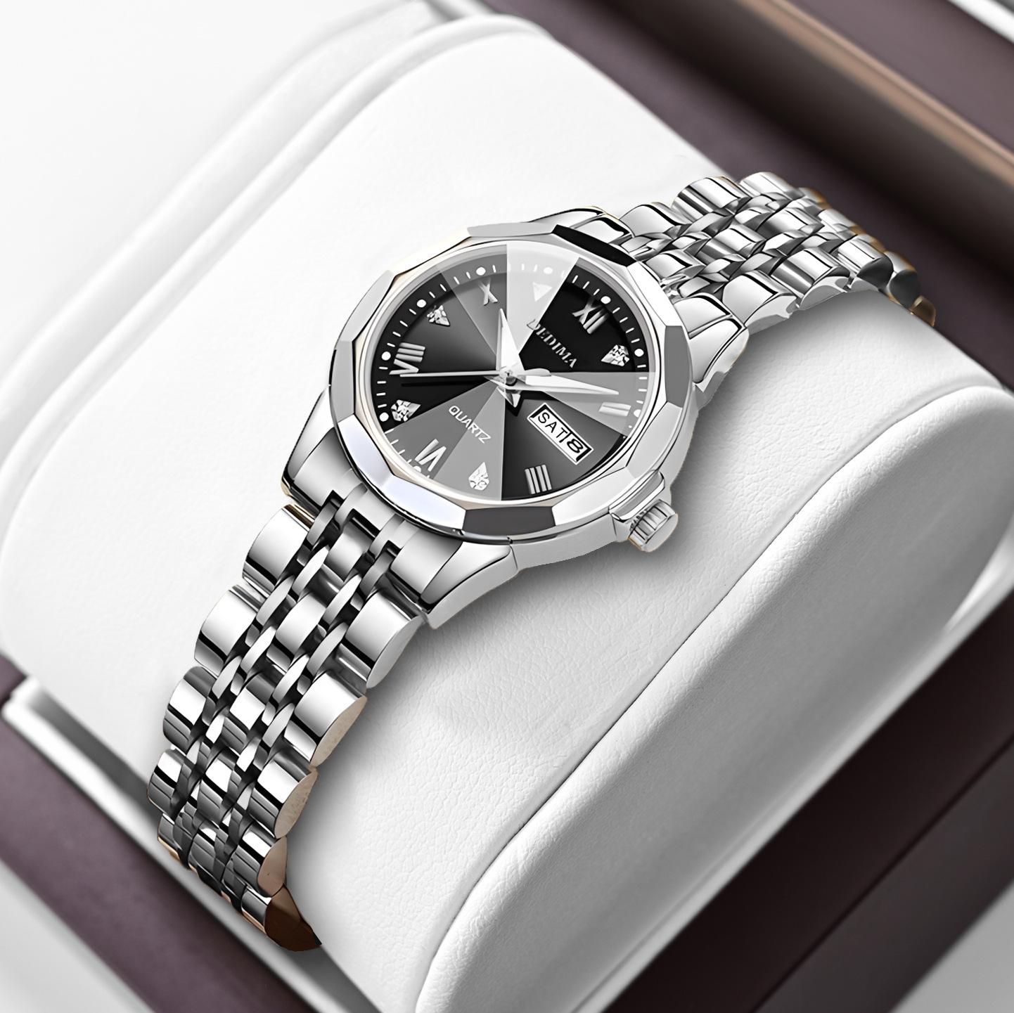 Luxus Damen Armbanduhr Wasserdicht Leuchtend Datum Woche Frauen Quarzuhr Edelstahl Damen Uhren silber/schwarz