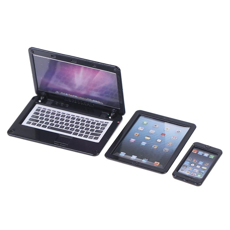 3 Teile/satz Simulation Mini Laptop Computer Tablet Handy Puppenhaus Miniatur 1:12 Legierungshandwerk-Puppenhaus-Dekor-DIY-Zubehör schwarz