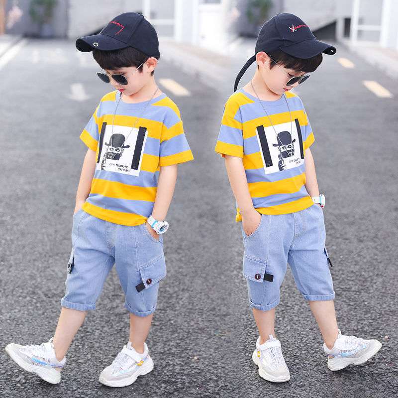Sommer Jungen Kleidung Kinder Kleidung Streifen Baumwolle T-shirt + Jeans Hose Junge Sets Säugling Neugeborenen Kleidung 3 4 5 6 7 8 10 12 jahre 140 gelb