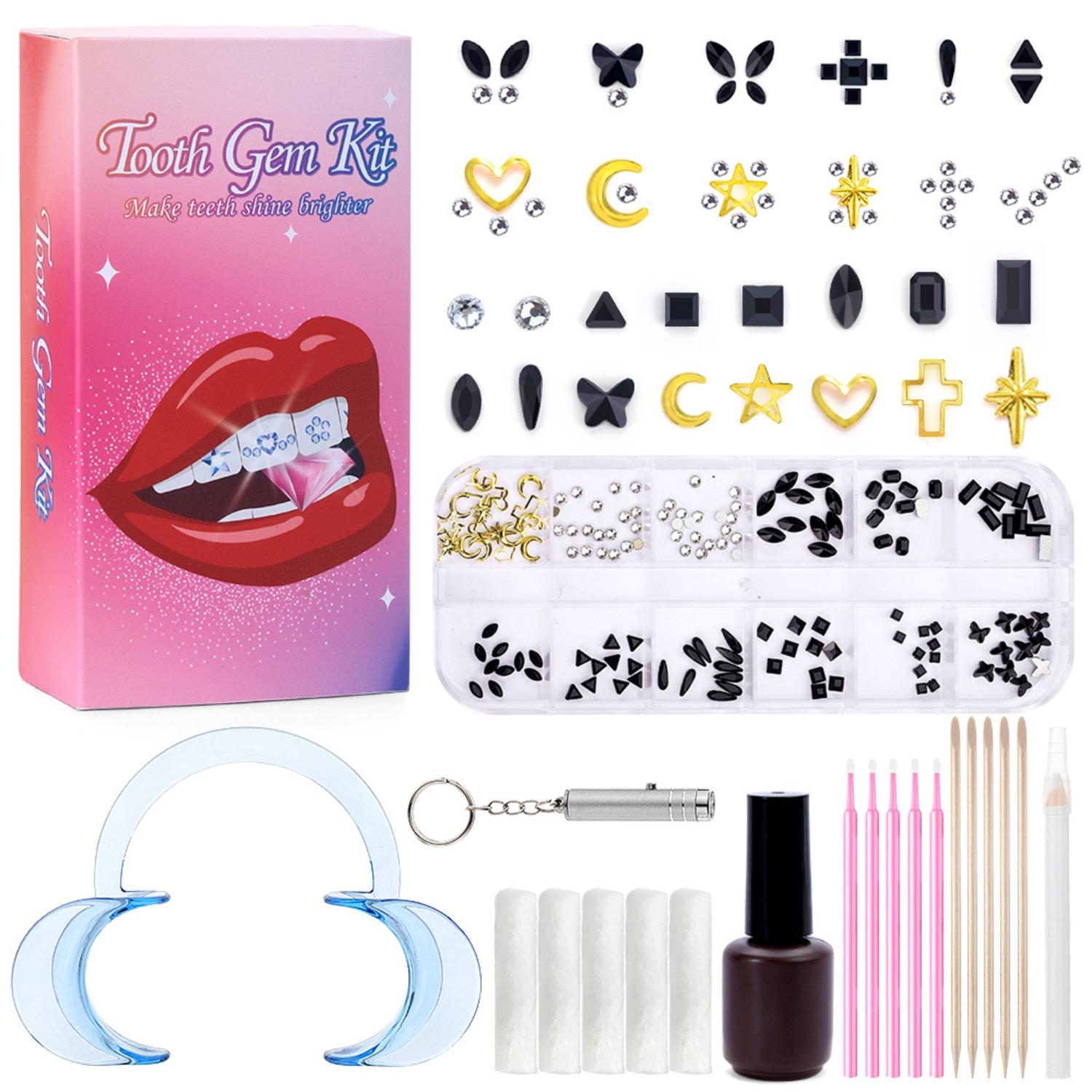 Zahnstein-Set, Zahnschmuck-Set mit Kleber und Licht, Zahnstein-Set für Zähne, Professionelles DIY-Zahnstein-Set, Modischer Kristall für Zähne Süßes Lächeln schwarz