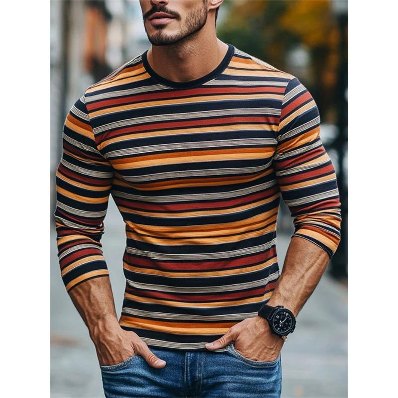 Retro Gestreifte Grafik Langarm T-Shirts Für Herren Schlichte Mode Frühling Herbst 3D Gedruckte T-Shirts Lässige Übergroße T-Shirts Tops 3XL gray