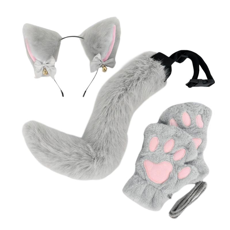 3-teiliges Halloween-Katzen-Kostümset für Mädchen Cosplay, Halloween-Katzen-Kostümzubehör mit Stirnband, Schwanz, Handschuhen graue