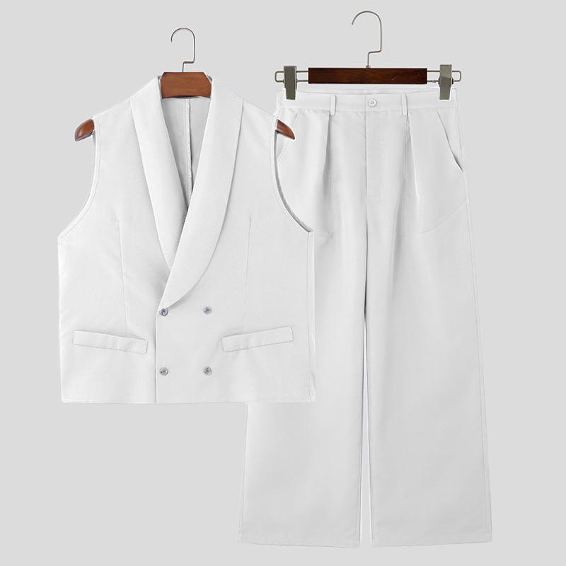 INCERUN Zweiteiliger Anzug Herren V-Ausschnitt Ärmellose Weste Weste Lange Anzug Hosen Lässige Outfits Sets 5XL weiß