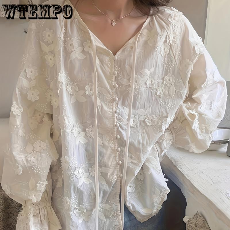 Bluse mit Blumenstickerei, elegante Bluse mit langen Ärmeln und Kordelzug, Damenbekleidung apricot