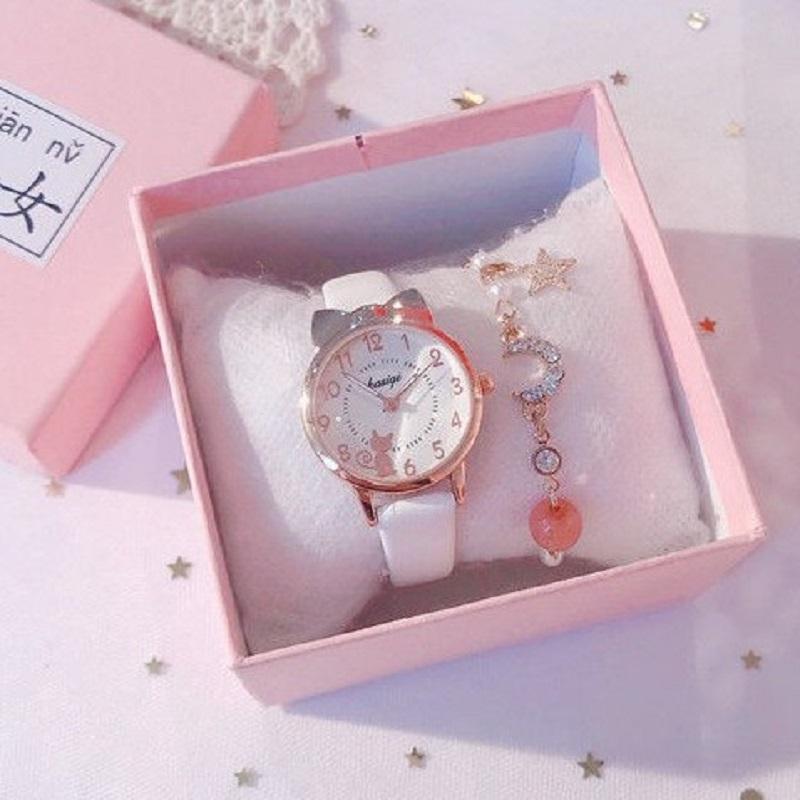 2021Korea Mädchen Uhren Leuchtende Uhren Student Mädchen Geschenk Nette Uhr Leuchtende Wasserdichte Uhren Frauen Size: 13-15 cm weiß