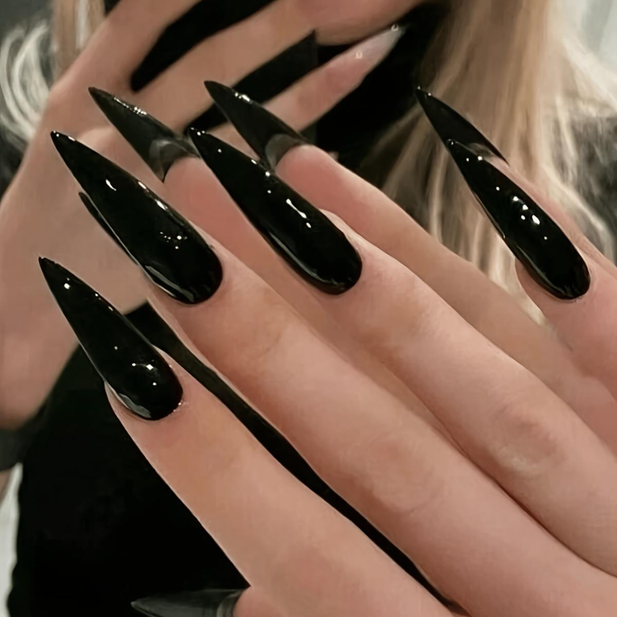 Elegante, mandelförmige Aufdrücknägel – 24 Stück lange, schwarze, glänzende künstliche Nägel, Aura in reiner Farbe, ungiftig, entfernbare Nagelaufkleber für Festivals, Partys schwarz