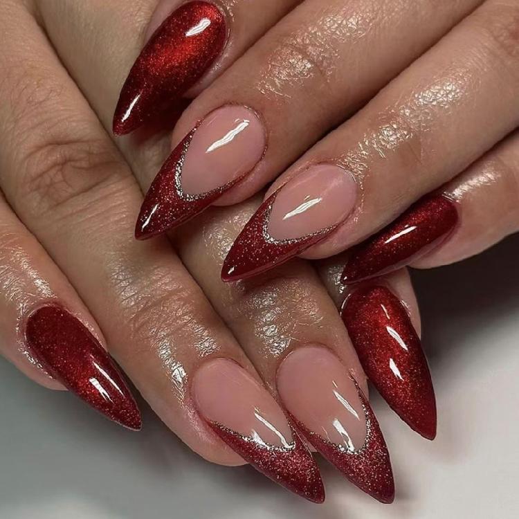 Burgund Shimmers Press-On-Nagel Französische Spitze Florales Design Schnelle Anwendung Plastik-Fingernagel für Hochzeiten Partys Täglichen Gebrauch 1