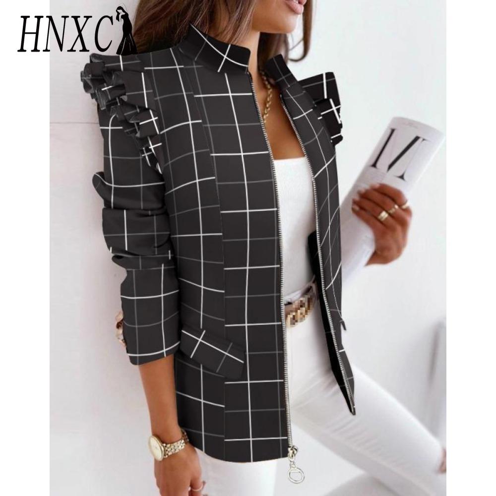 HNXC Damen Vintage Casual Gitterdruck Herbst Winter Langarm Jacken & Mäntel XXL