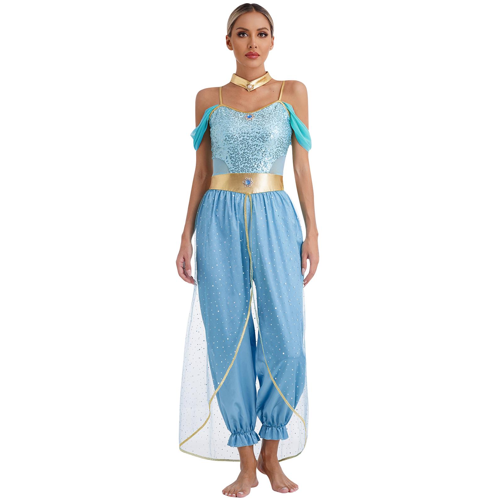 Arabisches Prinzessinnenkostüm für Damen, Bollywood-Kostüm, mit Edelsteinen verzierter Overall, Bauchtanz-Outfits XXL blau