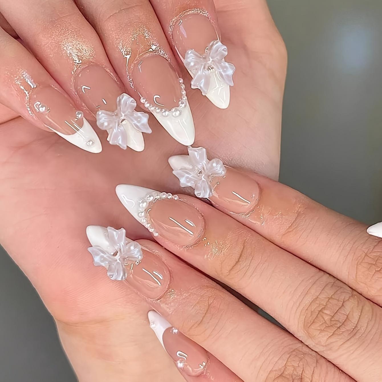 24 Stück Press On Nails Mandel/Stiletto Pink Bowknot Fingertip French Süße Fake Nails Full Cover Fake Nail Set 24pcs